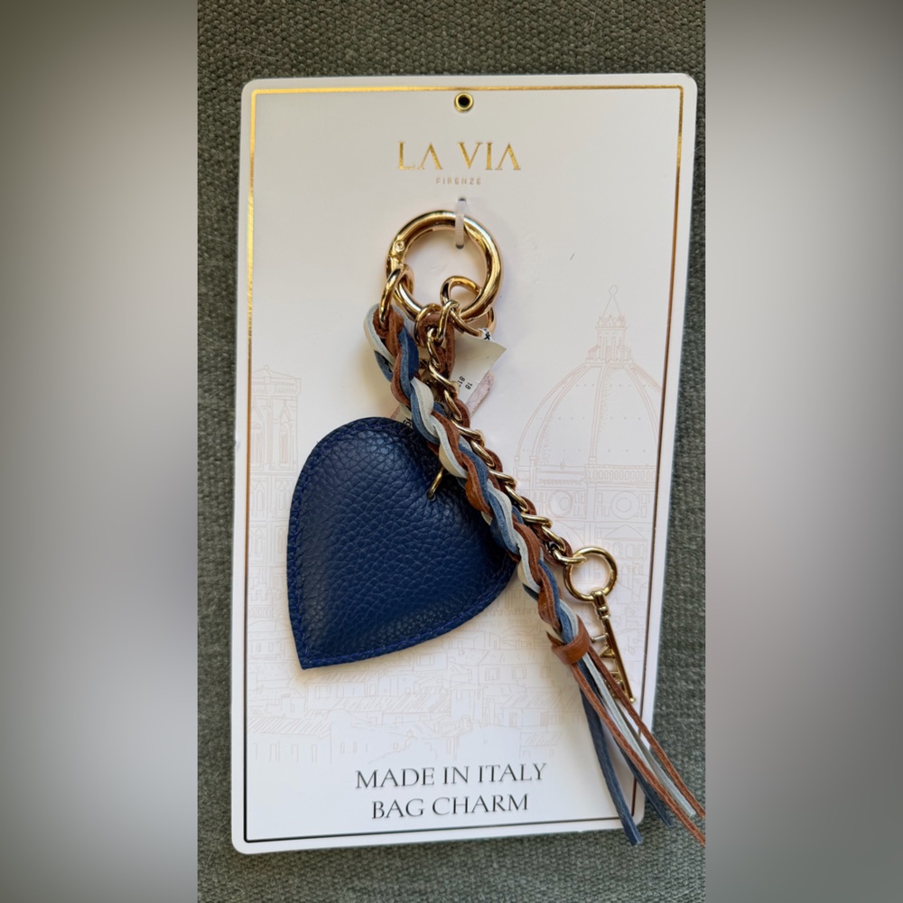 La Via Firenze Navy Heart leather bag charm with Gold Accents